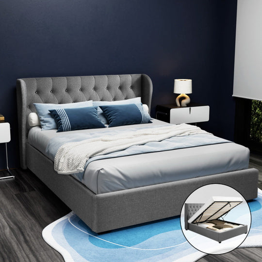 Bed Frame Queen Gas Lift Storage Grey Linen Tufted Headboard Steel Support