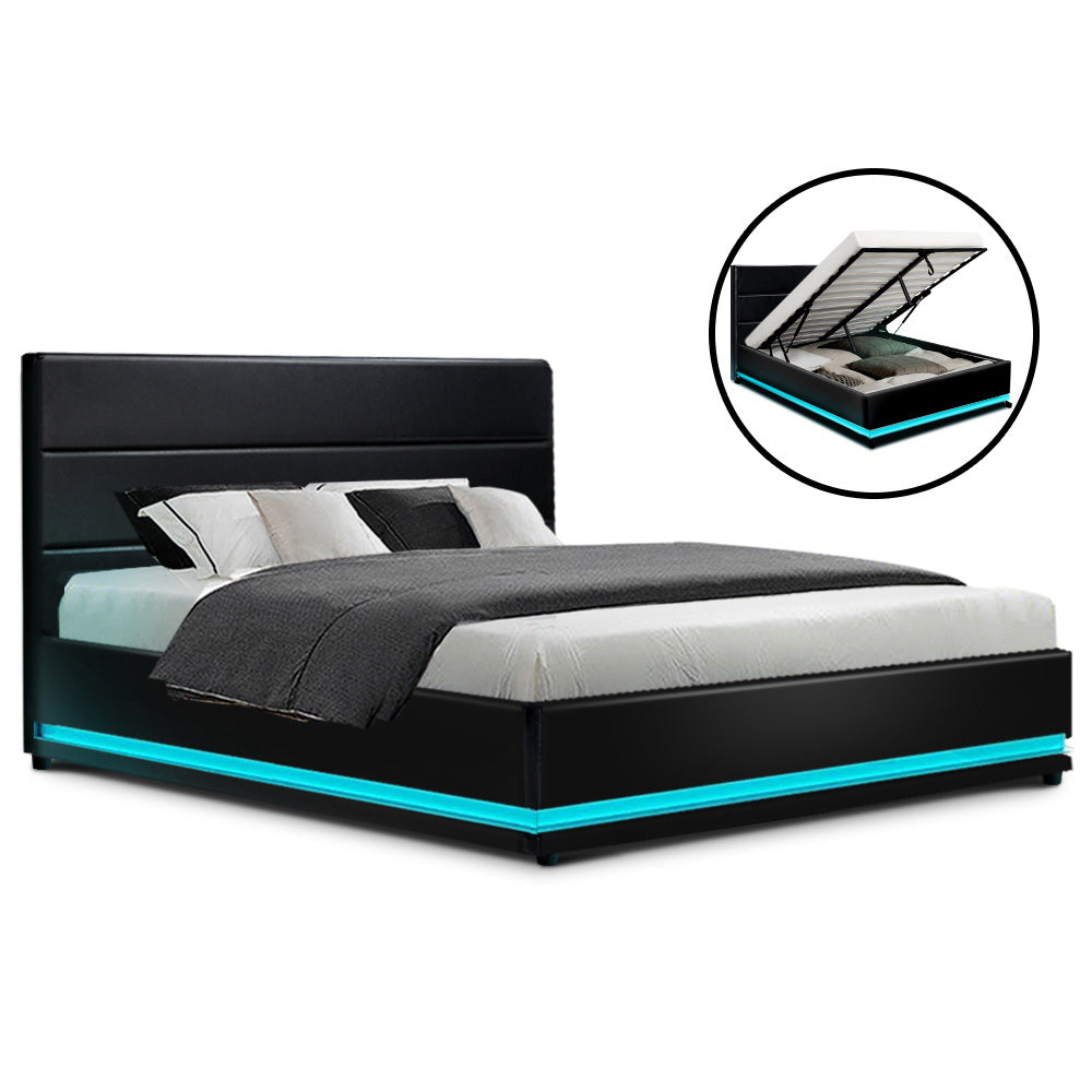 Double LED Gas Lift Bed Frame Black PVC Leather Storage Bed