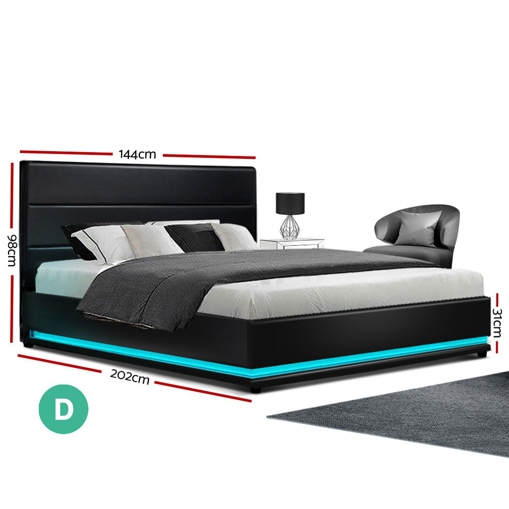 Double LED Gas Lift Bed Frame Black PVC Leather Storage Bed