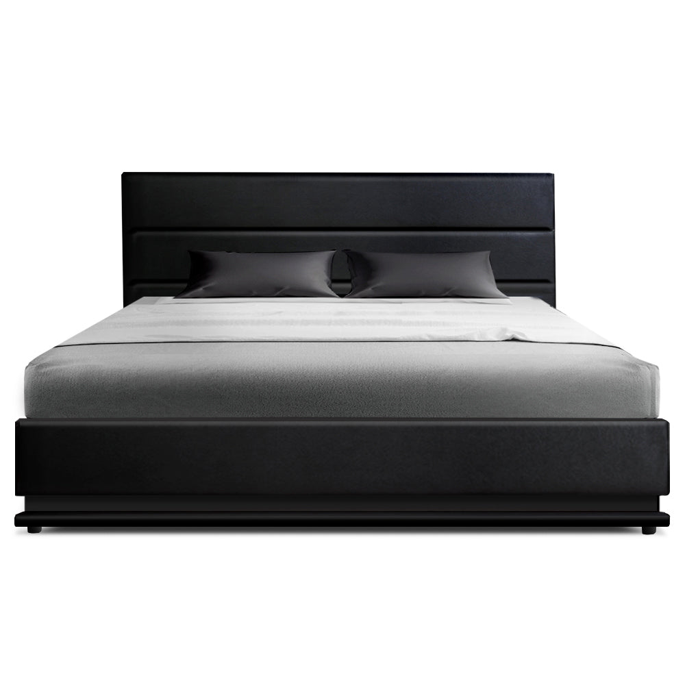 Double LED Gas Lift Bed Frame Black PVC Leather Storage Bed