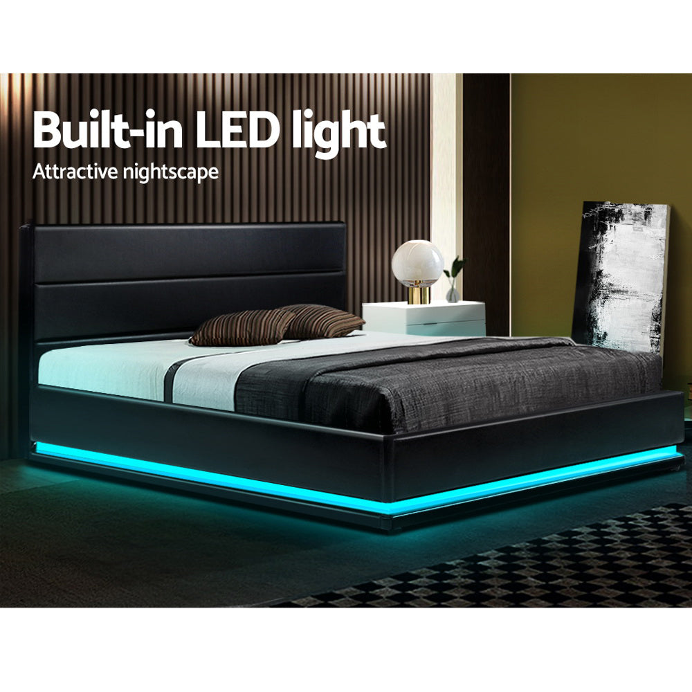 Double LED Gas Lift Bed Frame Black PVC Leather Storage Bed