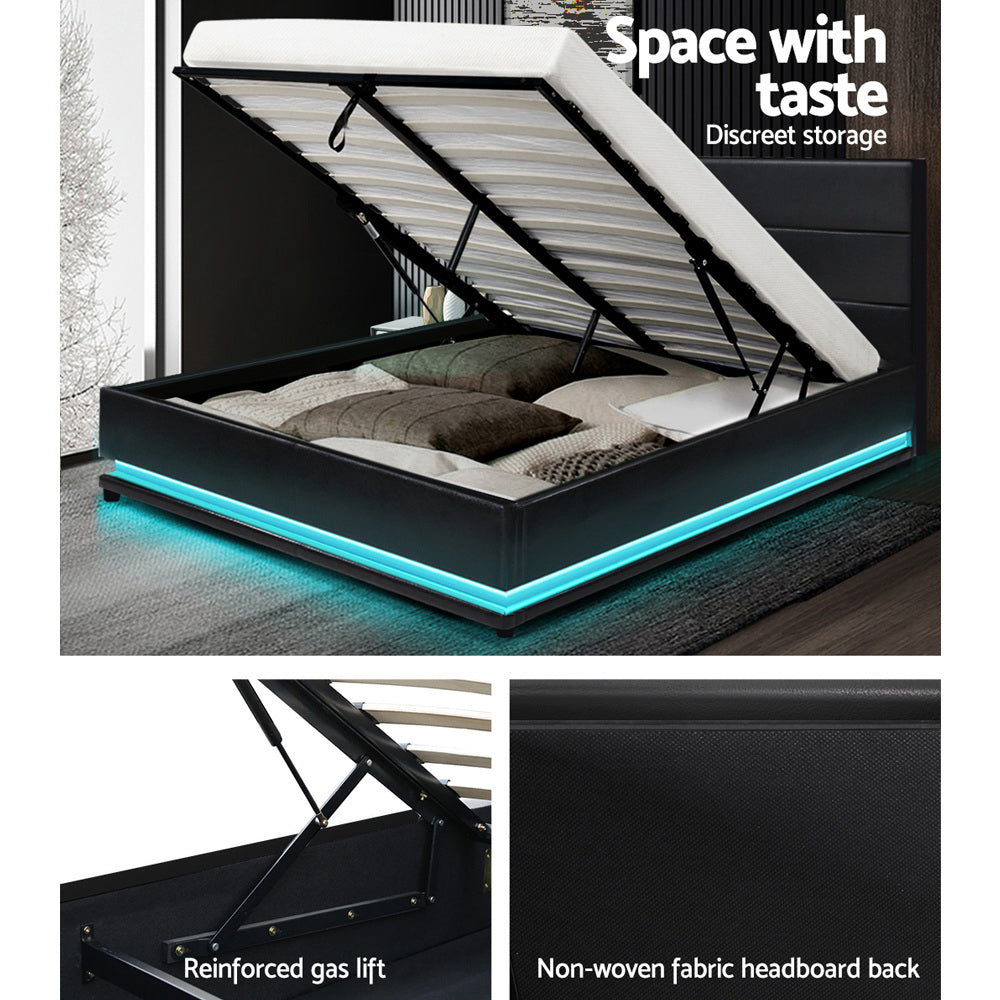 Double LED Gas Lift Bed Frame Black PVC Leather Storage Bed