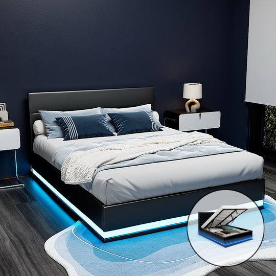 Double LED Gas Lift Bed Frame Black PVC Leather Storage Bed - Artiss Rgb Full Size