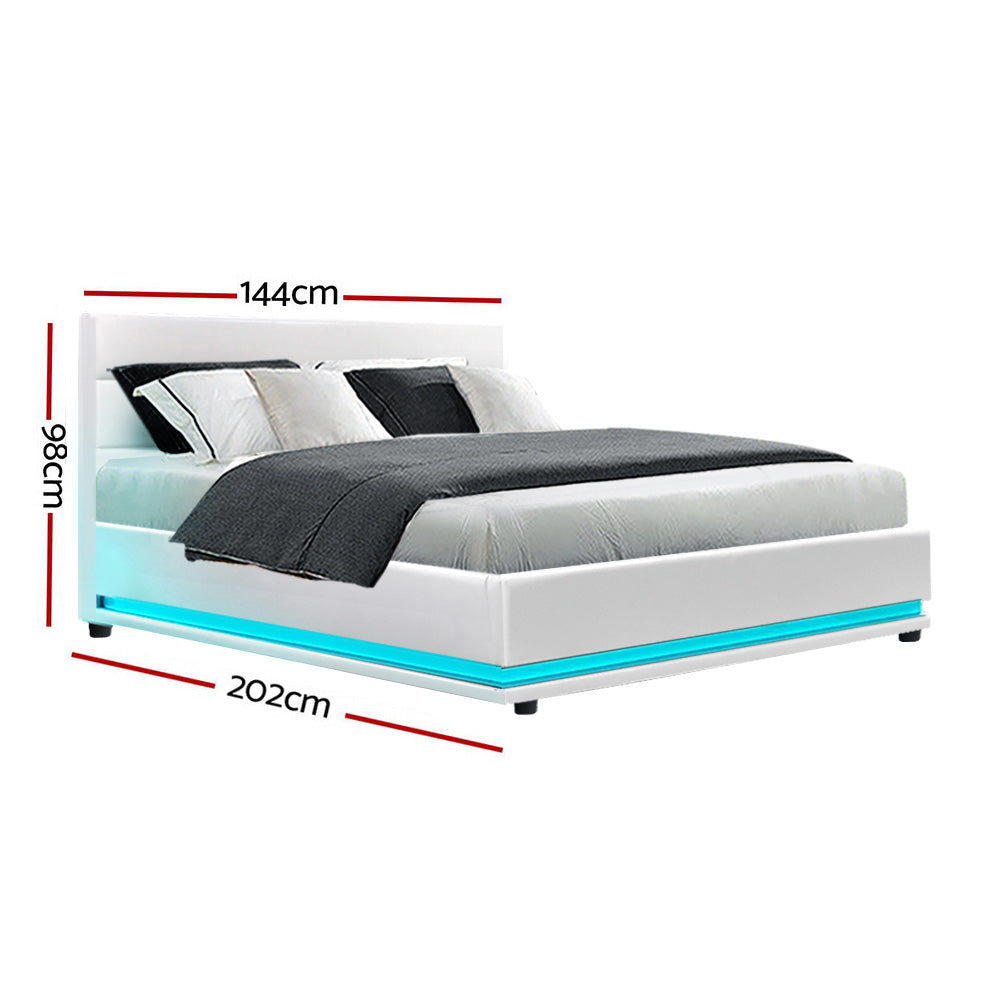 RGB LED Bed Frame Double Full Size Gas Lift Base Storage White Leather LUMI