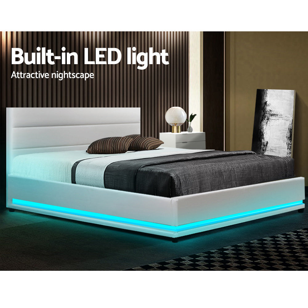 RGB LED Bed Frame Double Full Size Gas Lift Base Storage White Leather LUMI