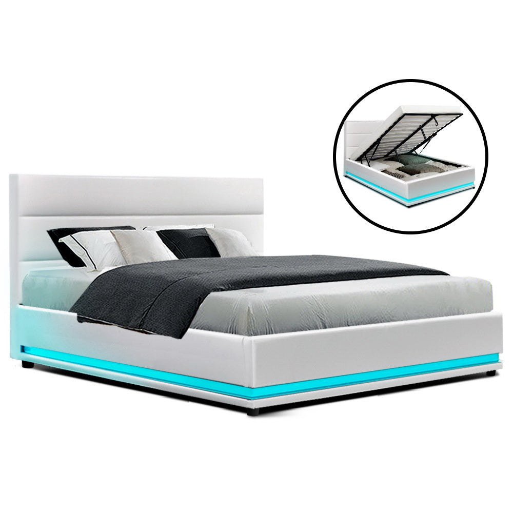 Double LED Gas Lift Bed Frame White PVC Leather Storage Bed with LED