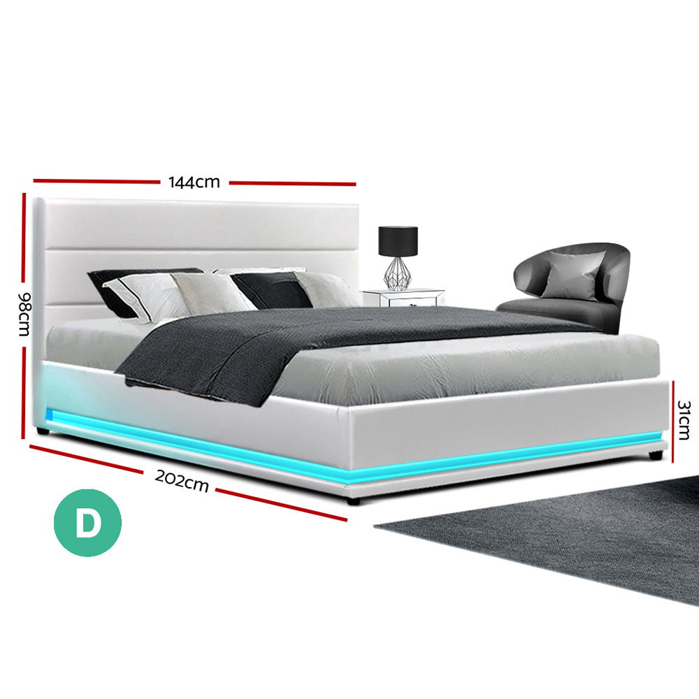 Double LED Gas Lift Bed Frame White PVC Leather Storage Bed with LED