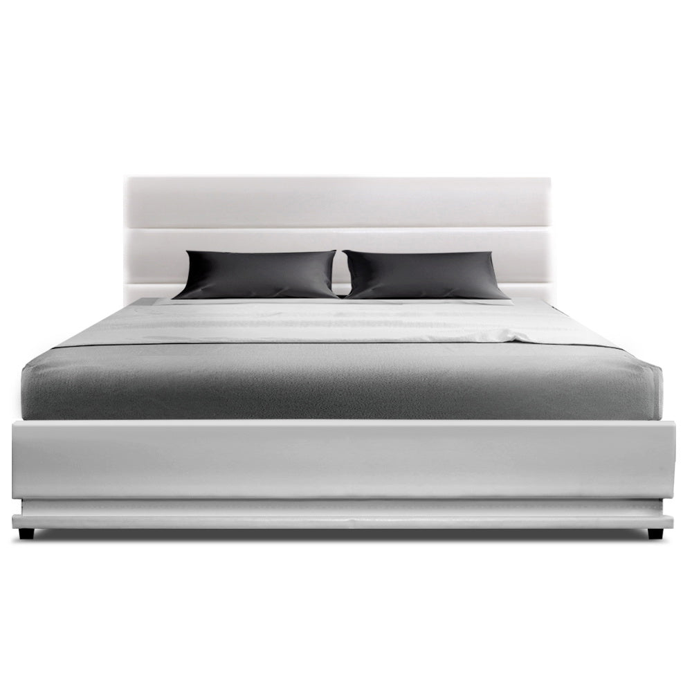 Double LED Gas Lift Bed Frame White PVC Leather Storage Bed with LED