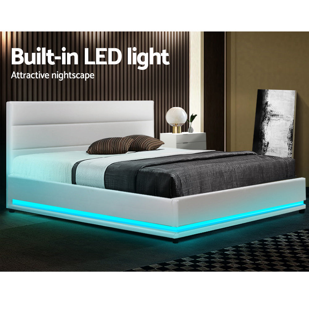 Double LED Gas Lift Bed Frame White PVC Leather Storage Bed with LED