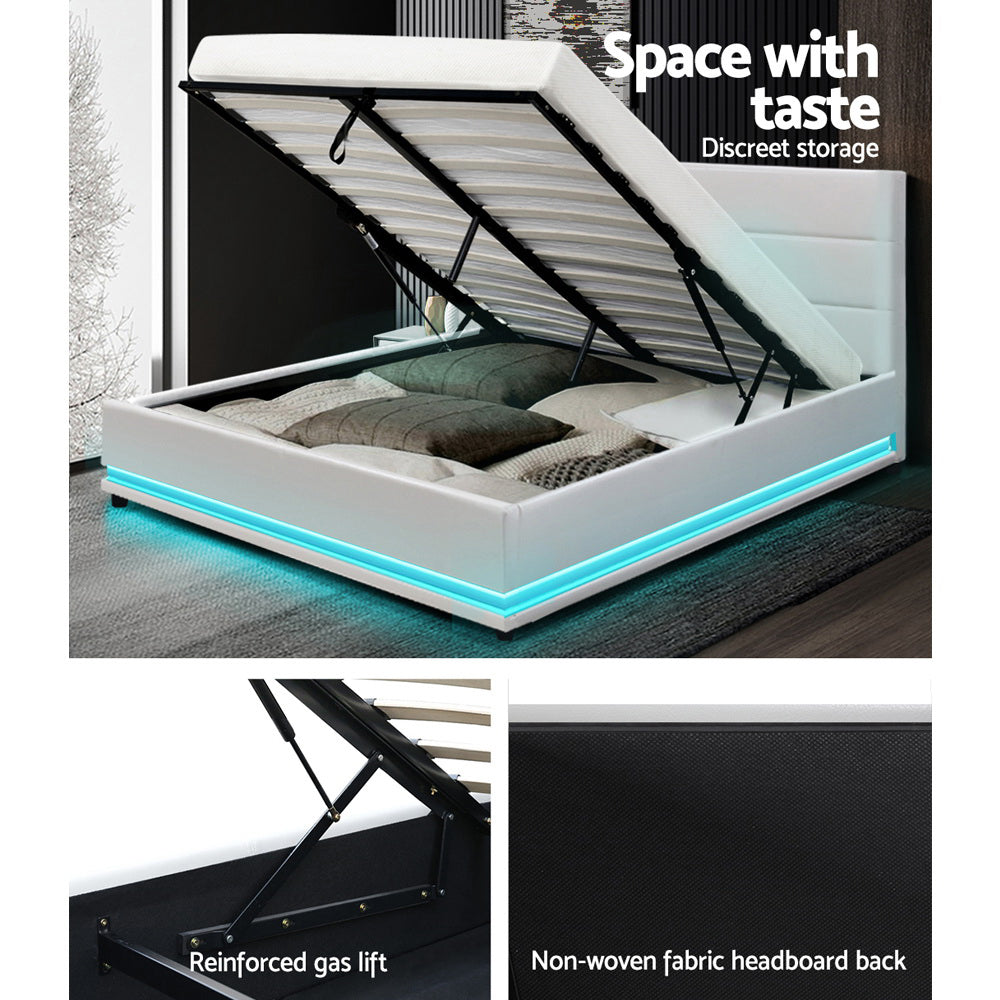 Double LED Gas Lift Bed Frame White PVC Leather Storage Bed with LED