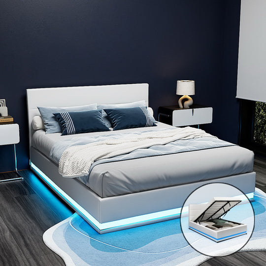 Double LED Gas Lift Bed Frame White PVC Leather Storage