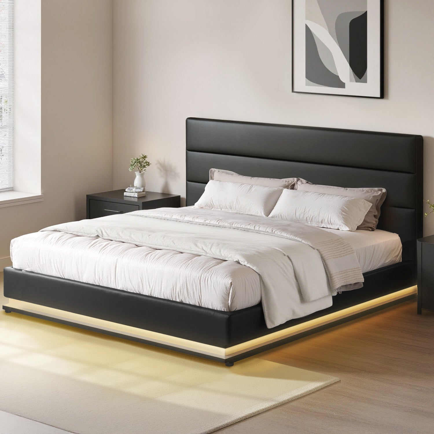 King LED Gas Lift Bed Frame Black PVC Leather Storage Bed with LED Lights
