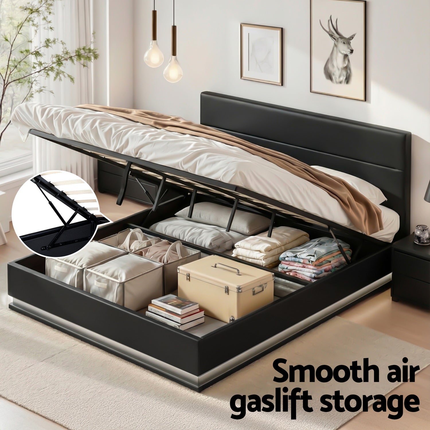 King LED Gas Lift Bed Frame Black PVC Leather Storage Bed with LED Lights