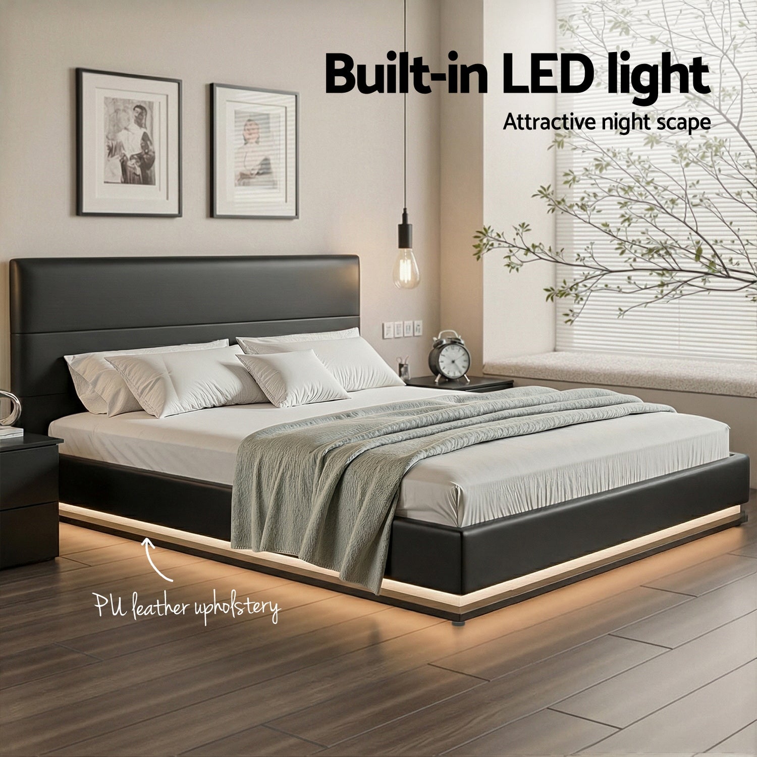 King LED Gas Lift Bed Frame Black PVC Leather Storage Bed with LED Lights