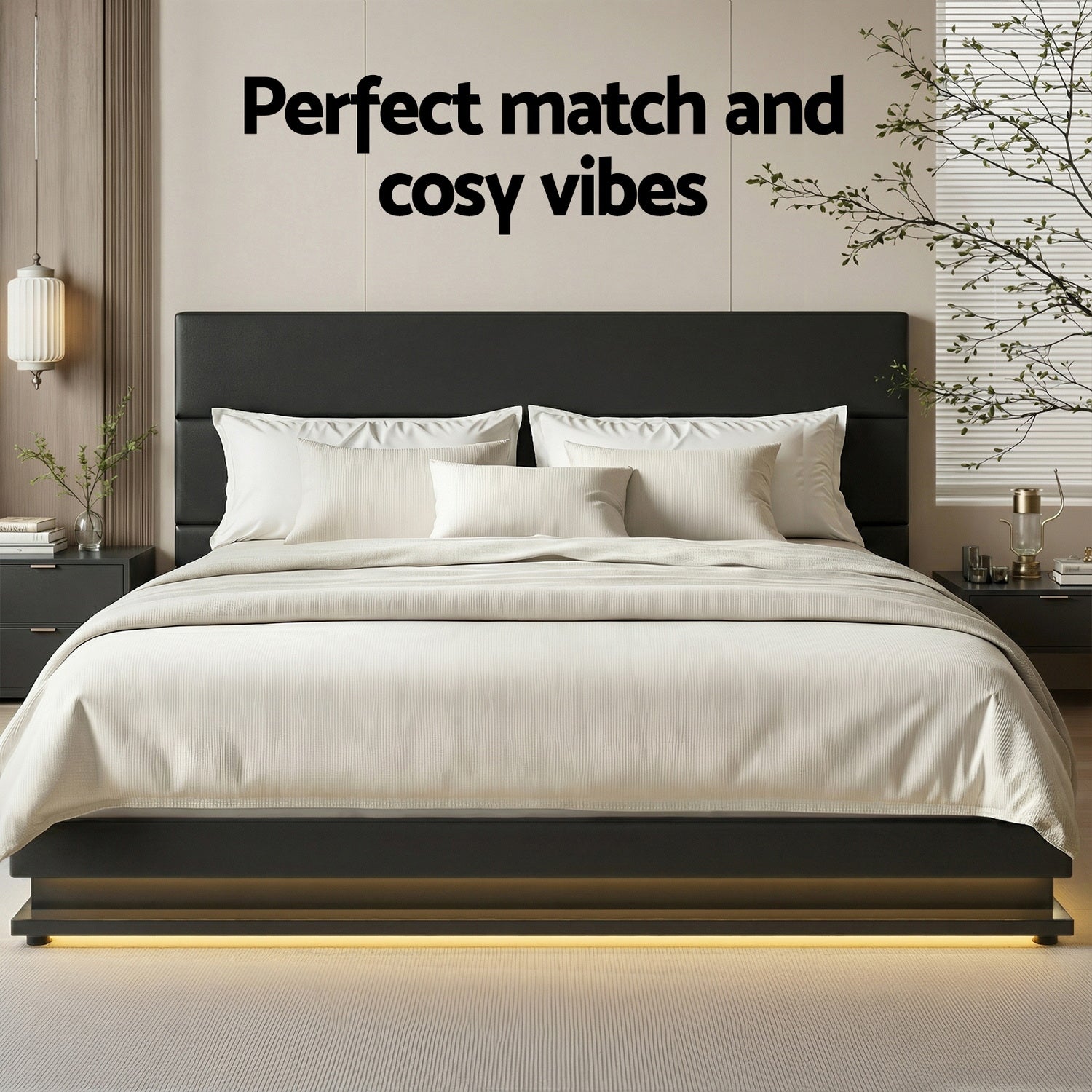 King LED Gas Lift Bed Frame Black PVC Leather Storage Bed with LED Lights