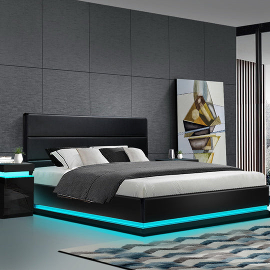 RGB LED Bed Frame King Size Gas Lift Base Storage Black