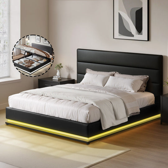 Beds & Bed Frames - Queen LED Gas Lift Bed Frame Black PVC Leather Storage Bed with LED Lighting
