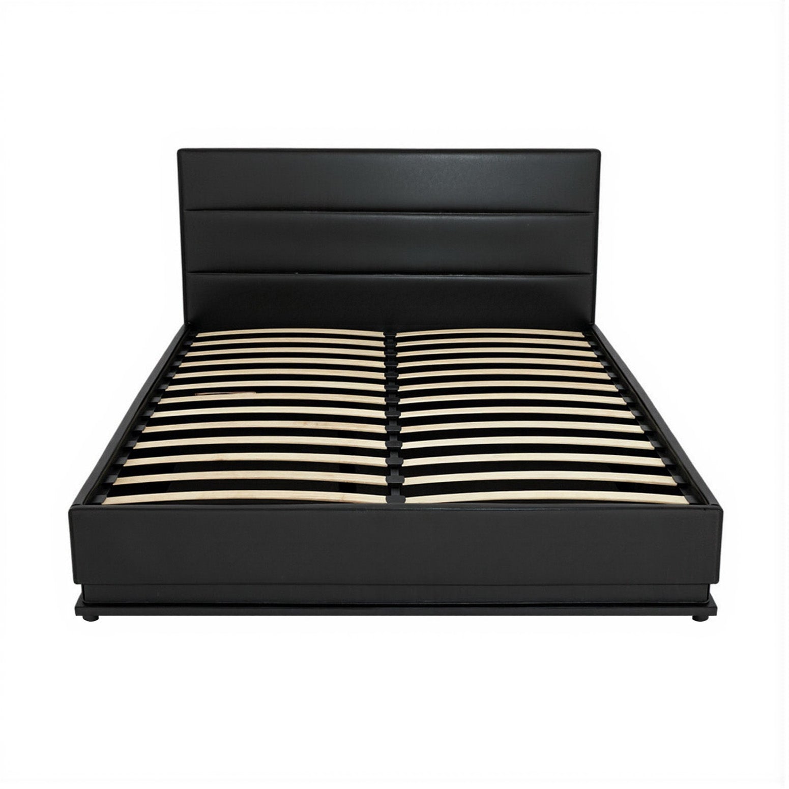 Queen LED Gas Lift Bed Frame Black PVC Leather Storage Bed with LED Lighting