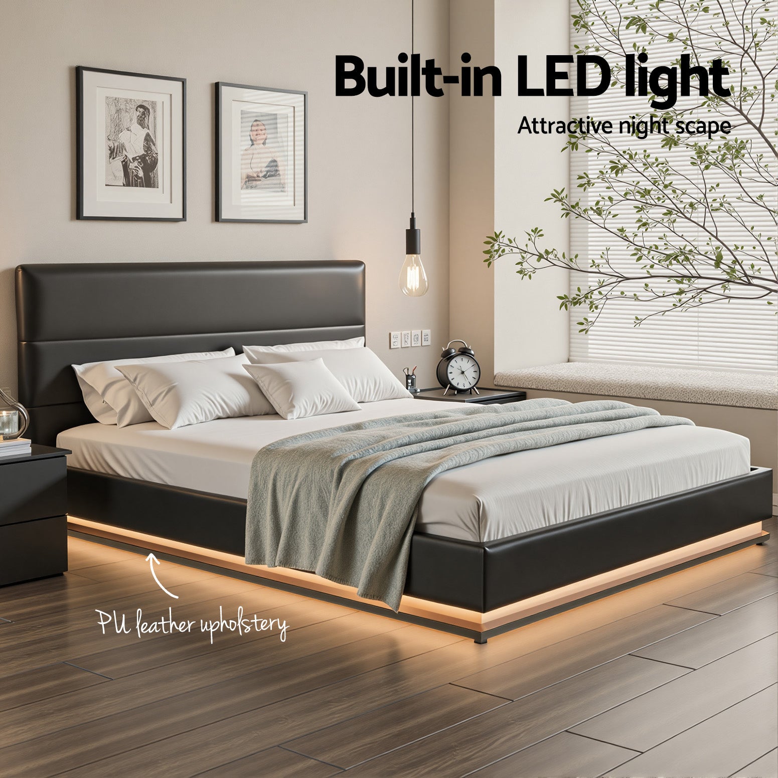 Queen LED Gas Lift Bed Frame Black PVC Leather Storage Bed with LED Lighting