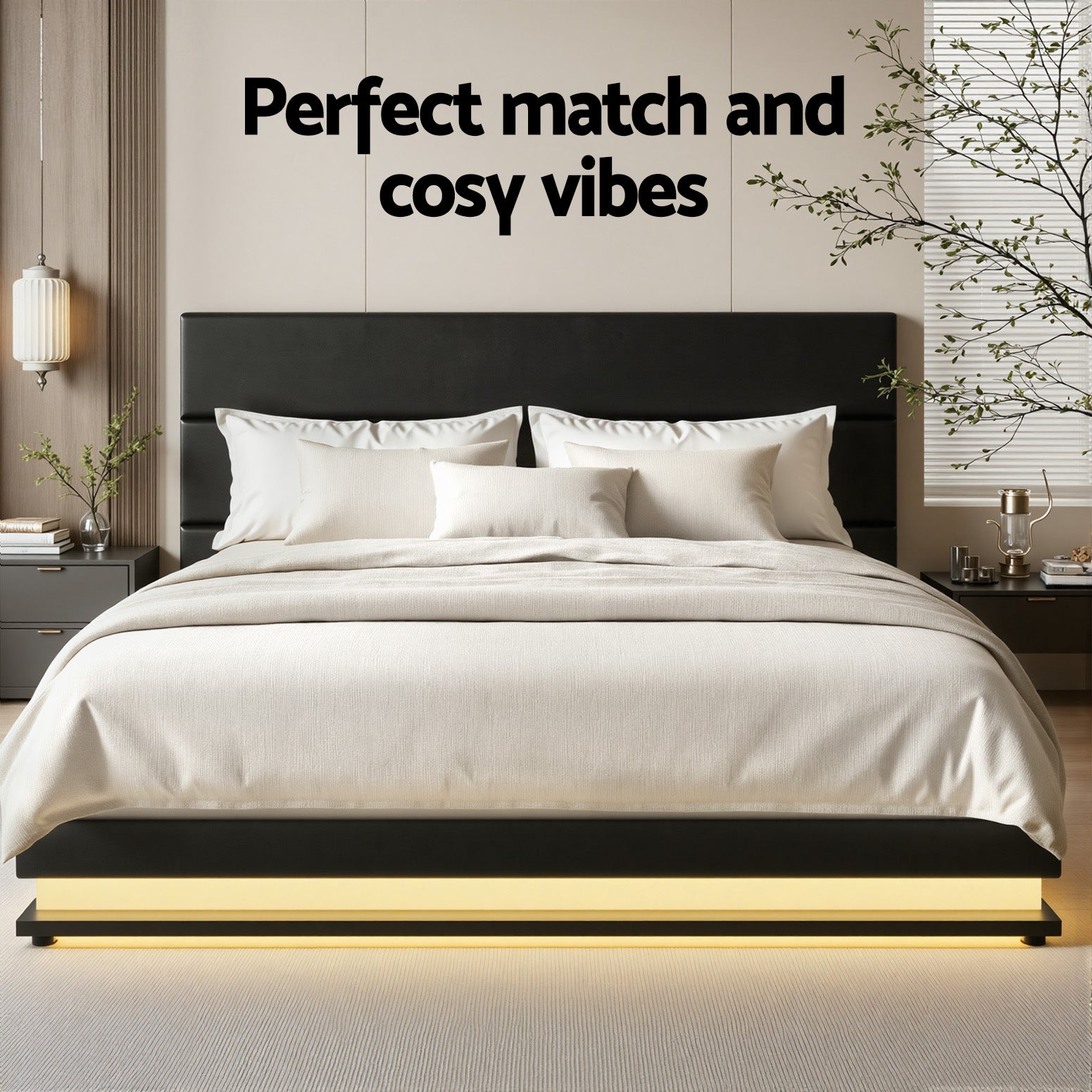Queen LED Gas Lift Bed Frame Black PVC Leather Storage Bed with LED Lighting