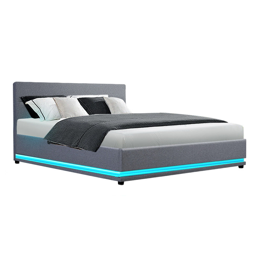 RGB LED Bed Frame Queen Size Gas Lift Base With Storage Grey Fabric LUMI
