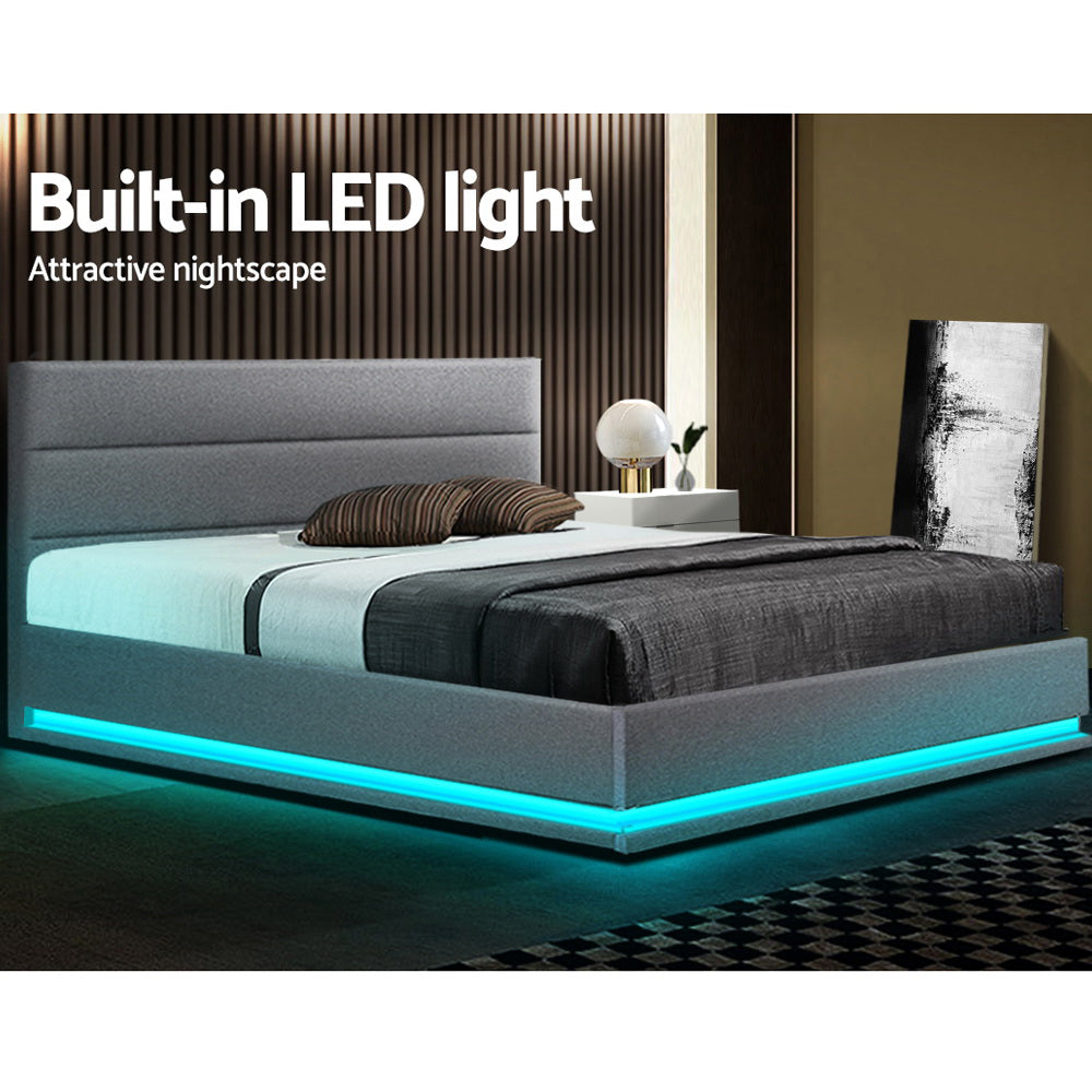 RGB LED Bed Frame Queen Size Gas Lift Base With Storage Grey Fabric LUMI