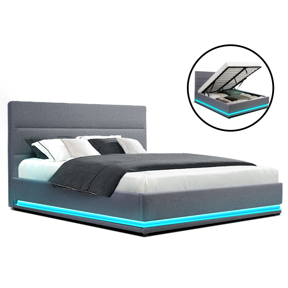 Queen LED Gas Lift Bed Frame Grey Linen Fabric Storage Bed with LED Lights