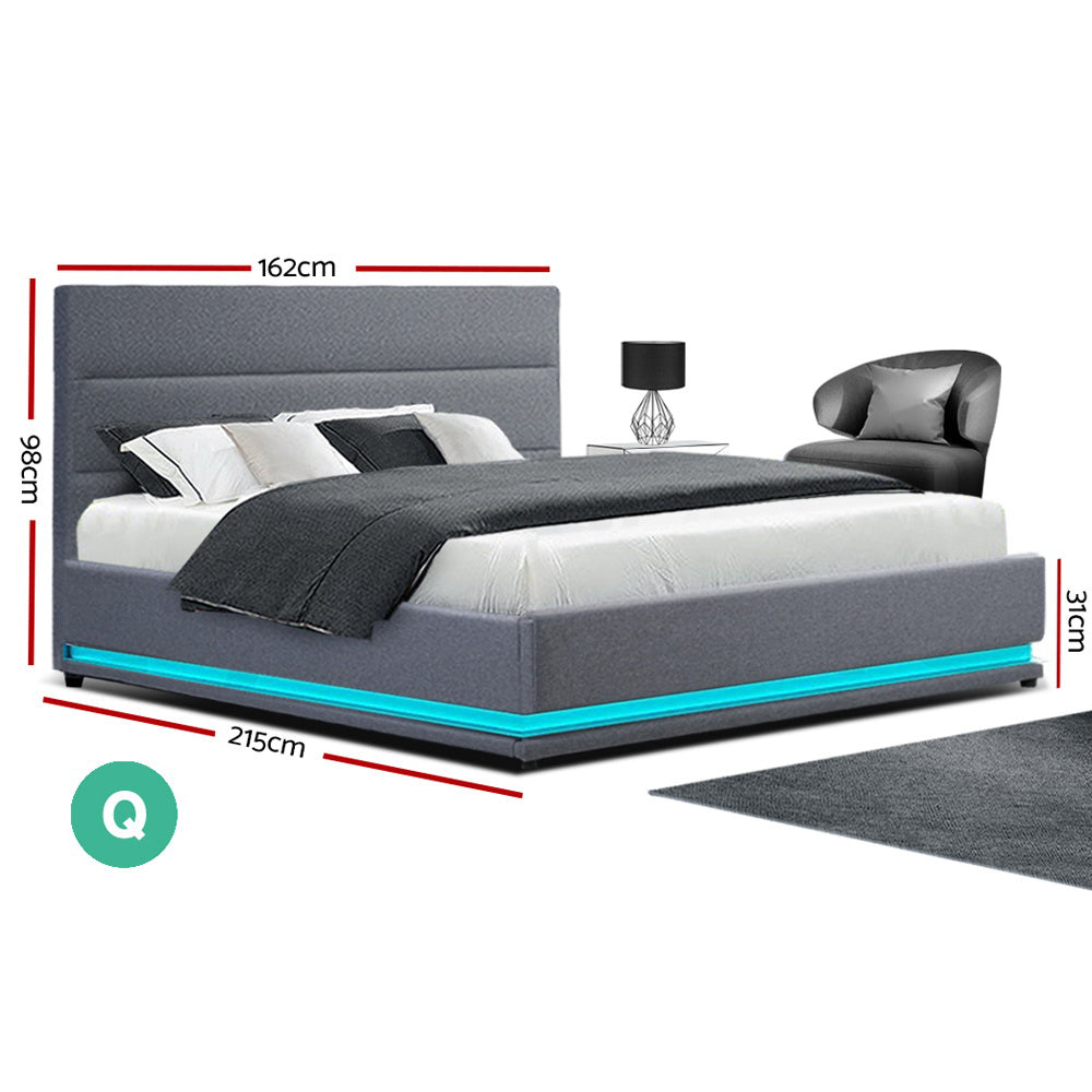 Queen LED Gas Lift Bed Frame Grey Linen Fabric Storage Bed with LED Lights