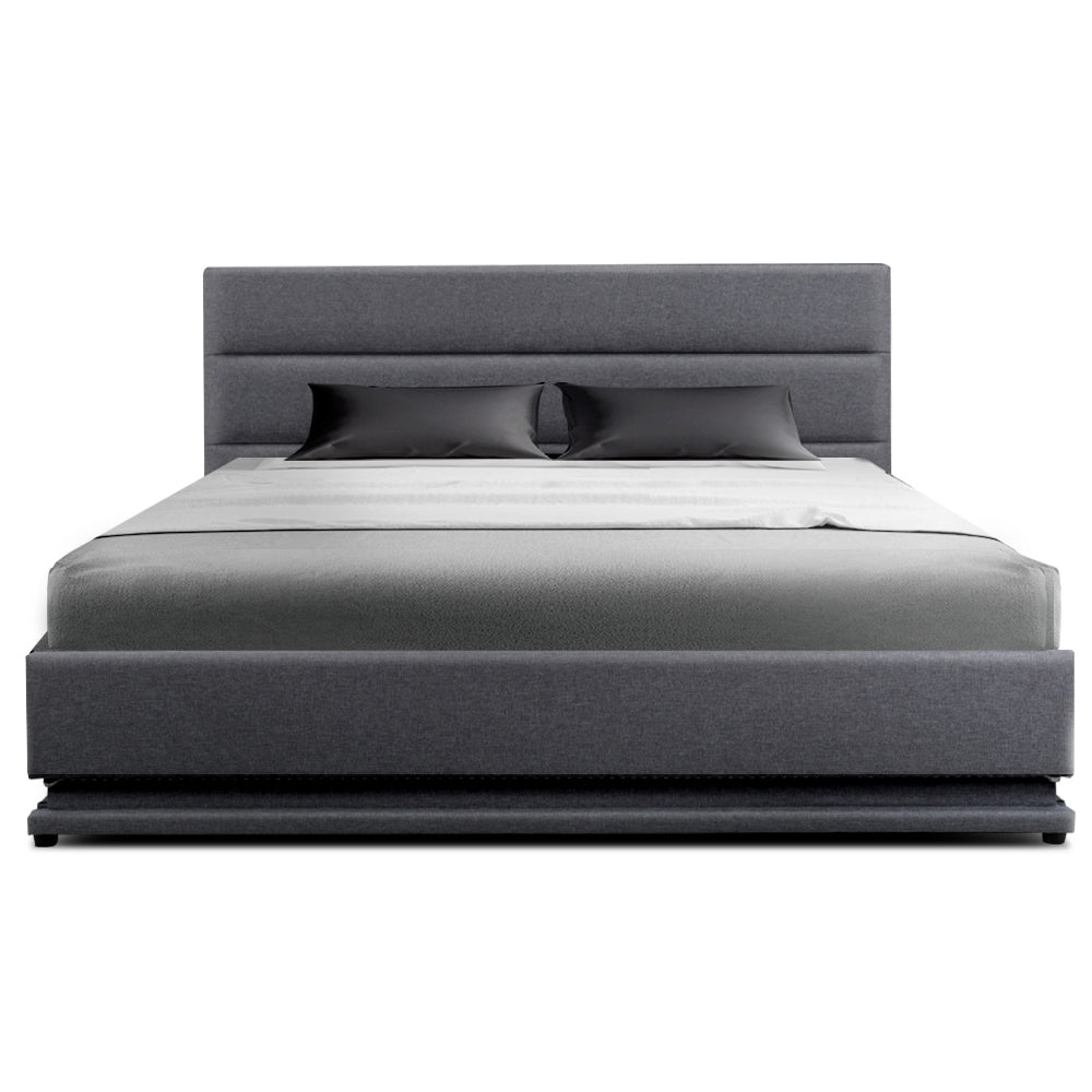 Queen LED Gas Lift Bed Frame Grey Linen Fabric Storage Bed with LED Lights