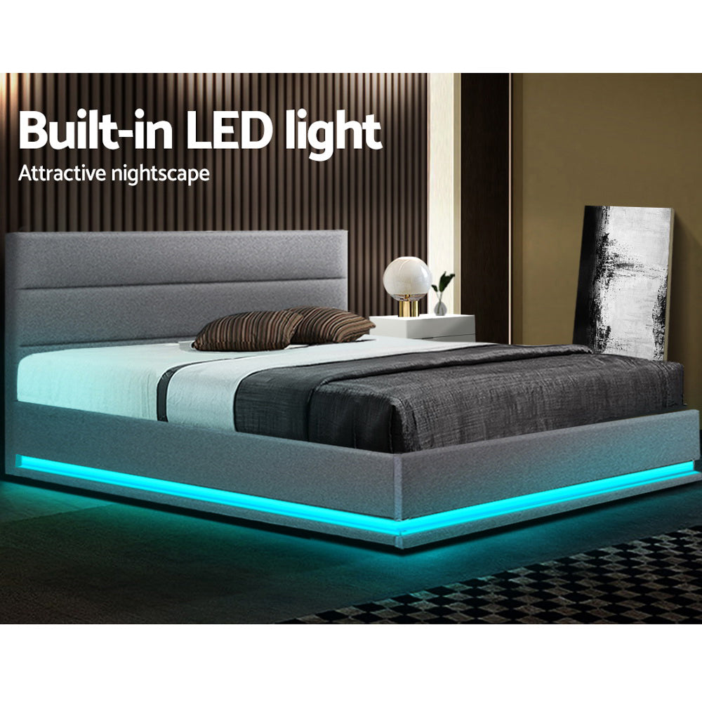 Queen LED Gas Lift Bed Frame Grey Linen Fabric Storage Bed with LED Lights
