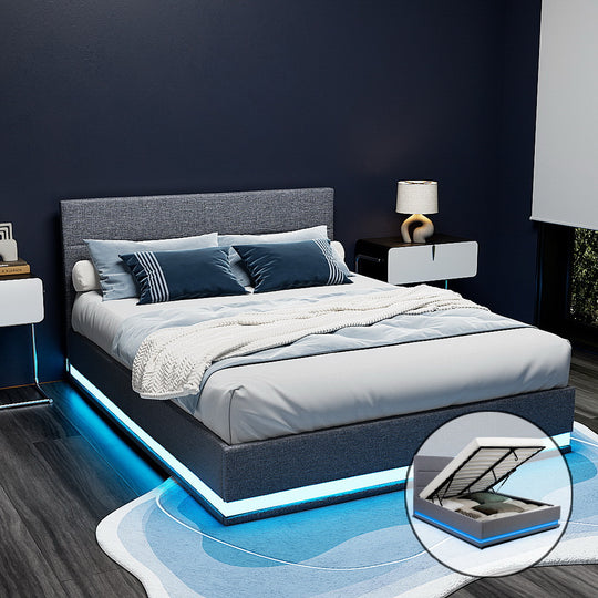 RGB LED Bed Frame Queen Size Gas Lift Base With Storage Grey