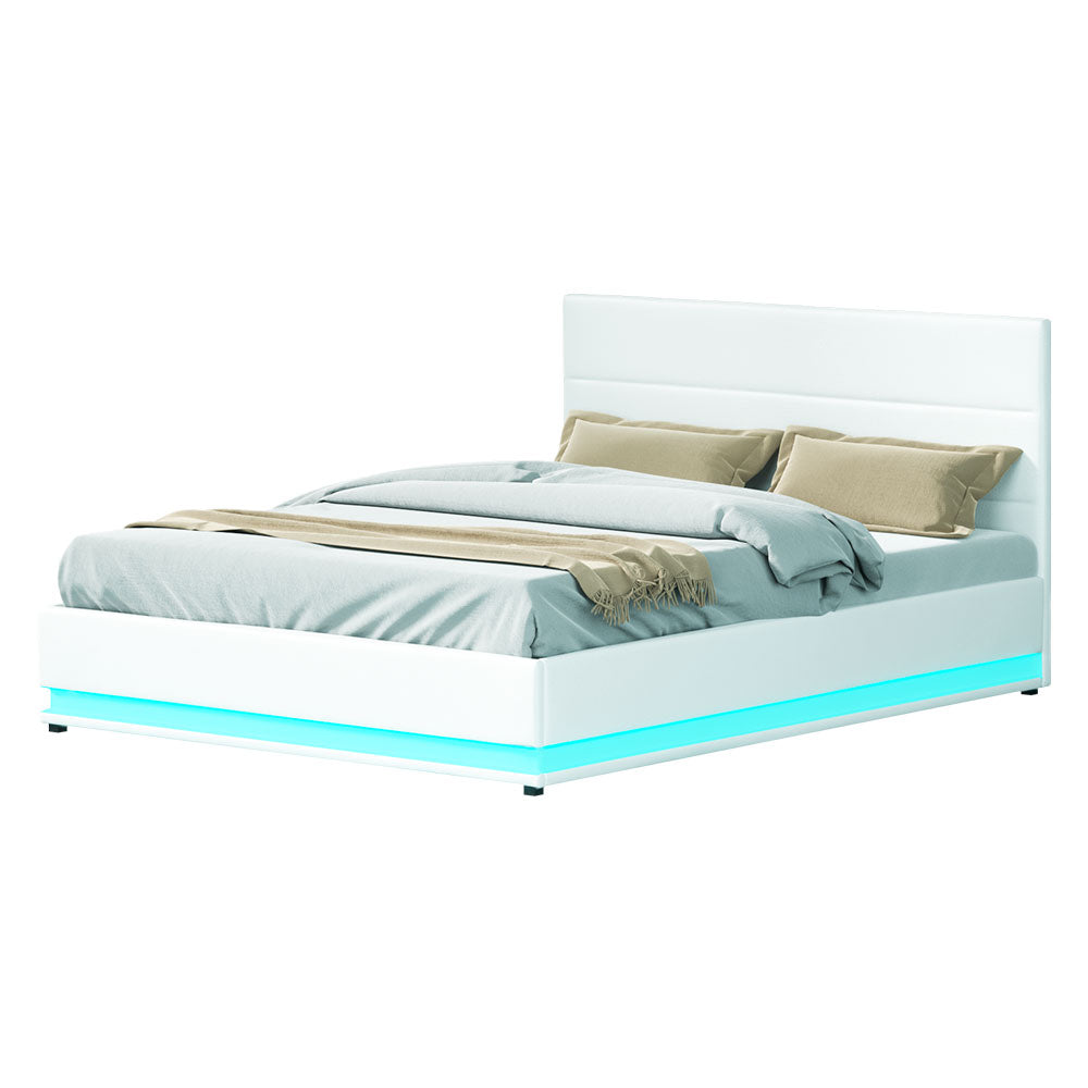 Queen LED Gas Lift Bed Frame White PVC Leather Storage Bed with LED Lights