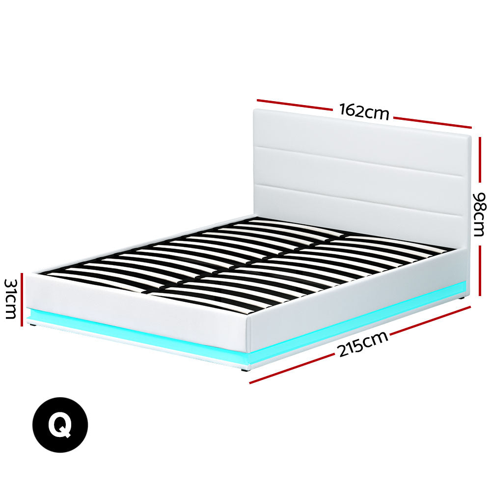 Queen LED Gas Lift Bed Frame White PVC Leather Storage Bed with LED Lights