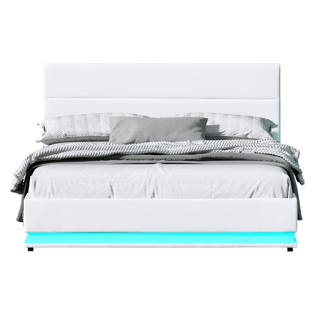 Queen LED Gas Lift Bed Frame White PVC Leather Storage Bed with LED Lights