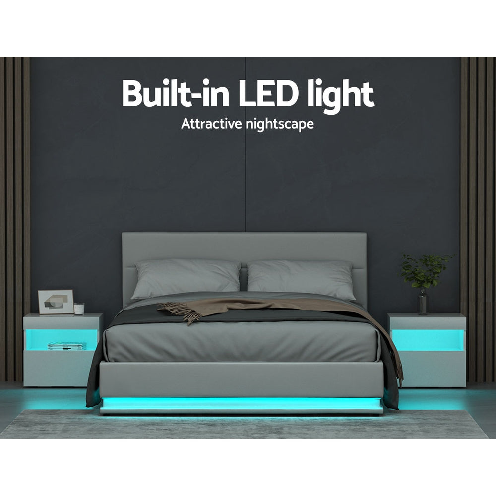 Queen LED Gas Lift Bed Frame White PVC Leather Storage Bed with LED Lights