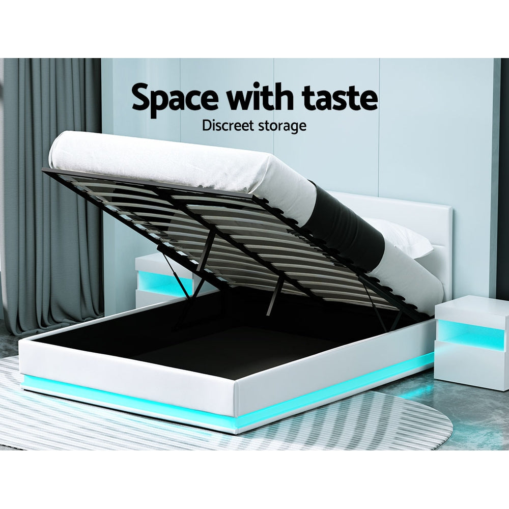 Queen LED Gas Lift Bed Frame White PVC Leather Storage Bed with LED Lights