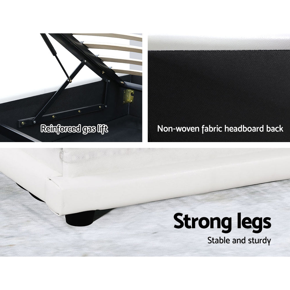 Queen LED Gas Lift Bed Frame White PVC Leather Storage Bed with LED Lights