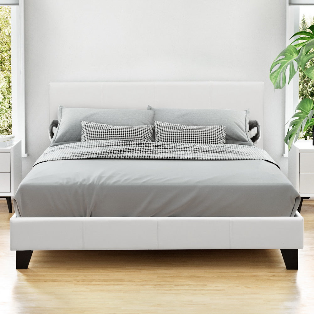 Bed Frame Double Size PVC Leather White With Wooden Slat Base