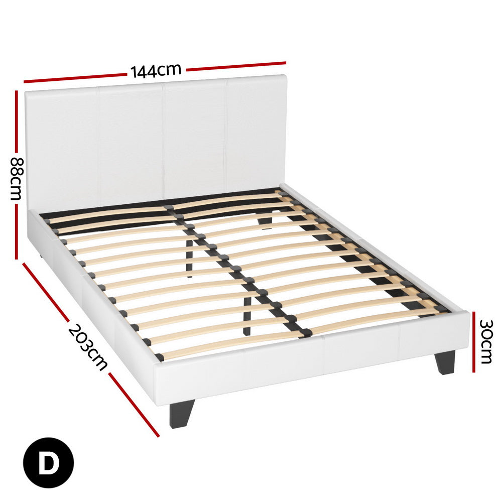 Bed Frame Double Size PVC Leather White With Wooden Slat Base