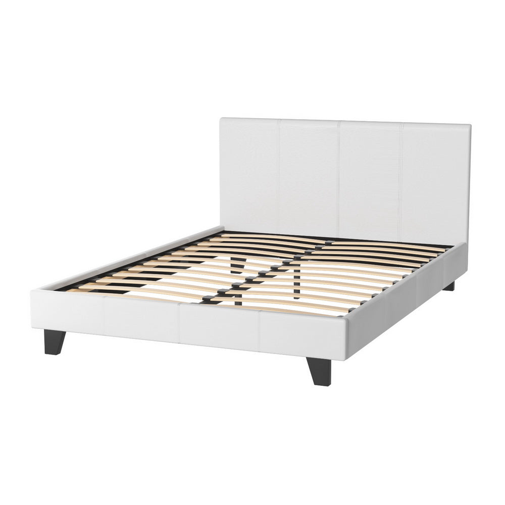 Bed Frame Double Size PVC Leather White With Wooden Slat Base