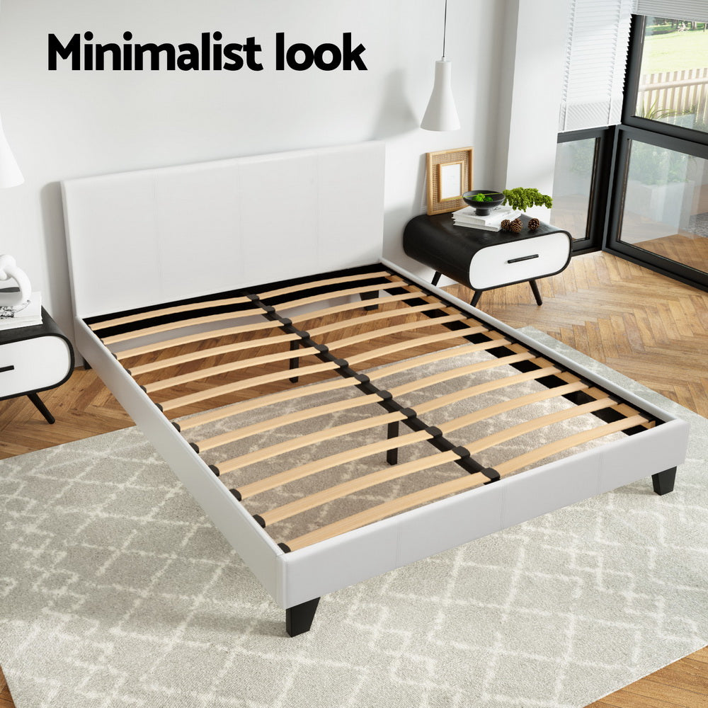 Bed Frame Double Size PVC Leather White With Wooden Slat Base