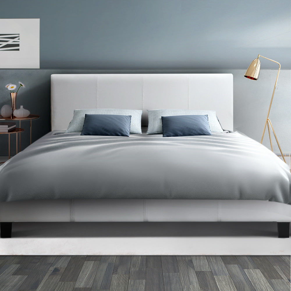 Bed Frame Double Size PVC Leather White With Wooden Slat Base