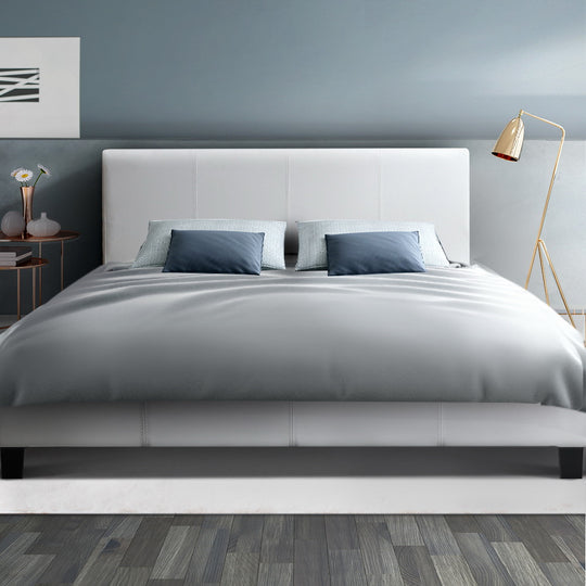 Bed Frame Double Size PVC Leather White With Wooden Slat Base - Artiss Full Mattress Platform
