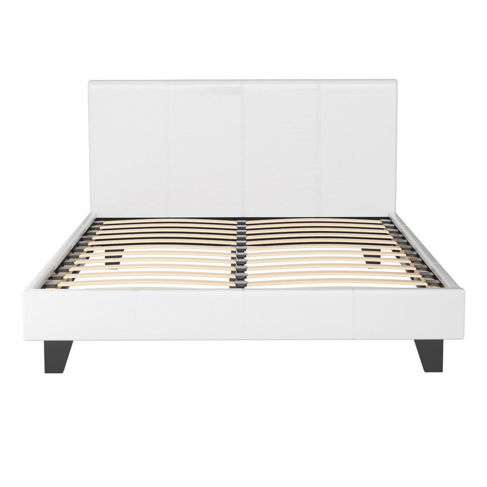 Bed Frame Double Size PVC Leather White With Wooden Slat Base