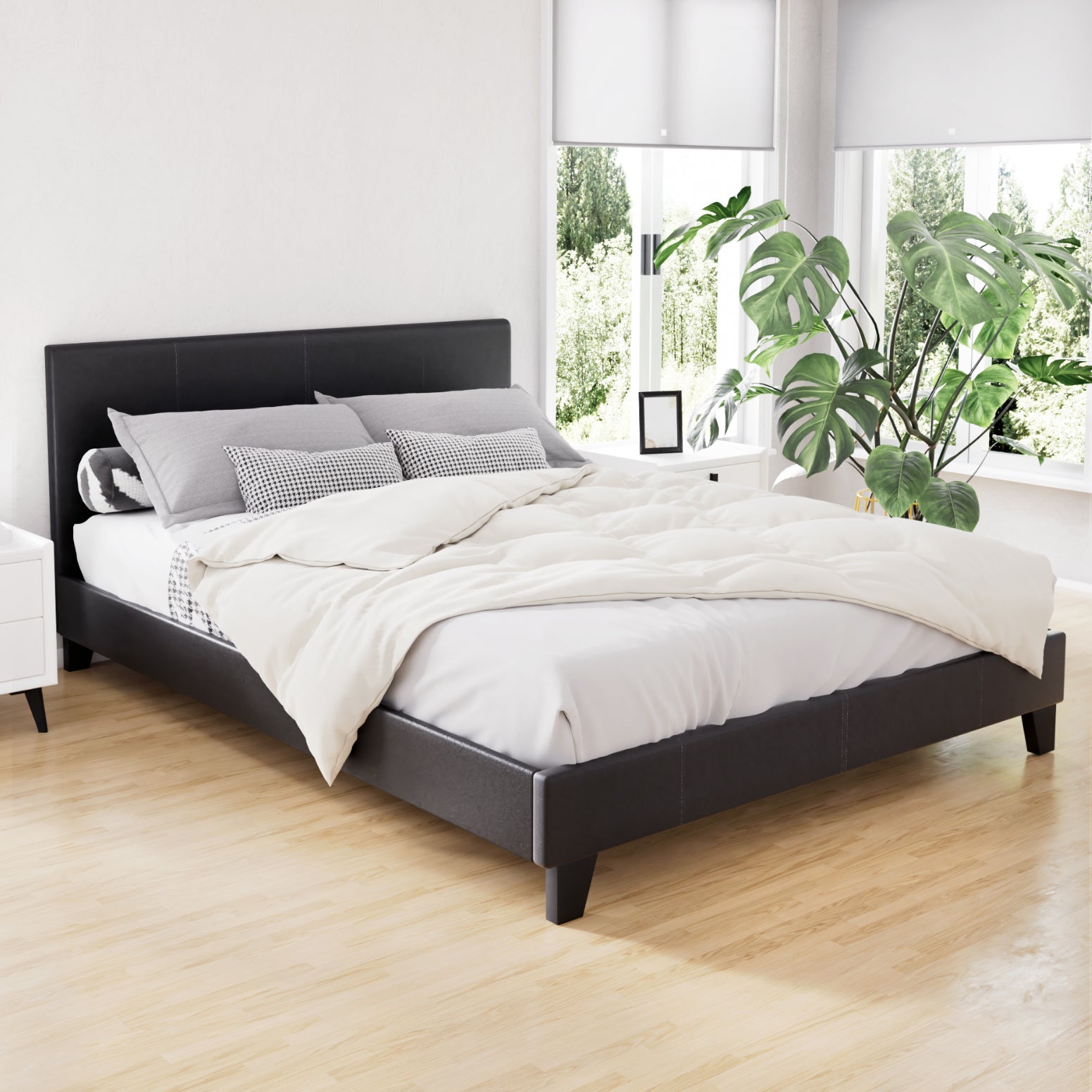 Double Bed Frame Black Modern Steel Platform Support Mattress
