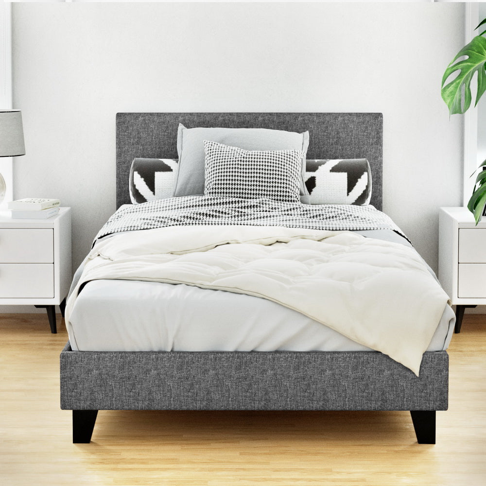 King Single Bed Frame Grey with Sturdy Wooden Base and Support Slats