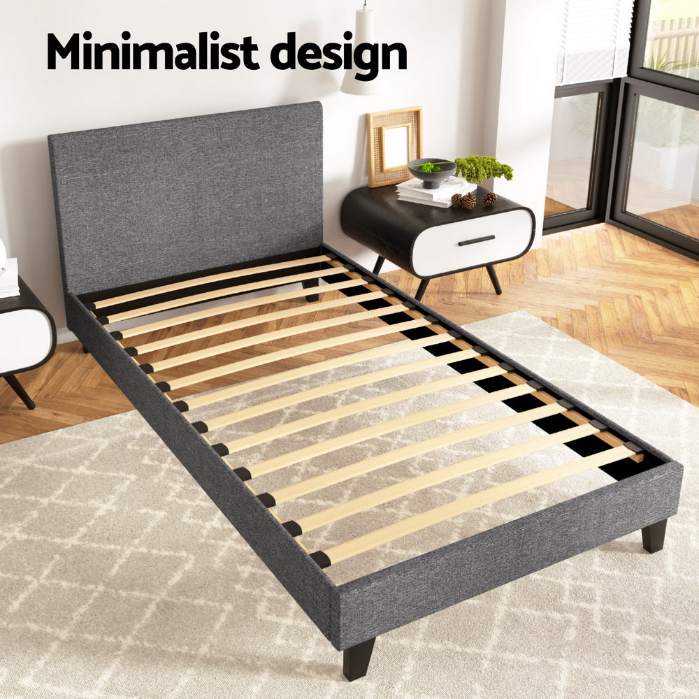 King Single Bed Frame Grey with Sturdy Wooden Base and Support Slats