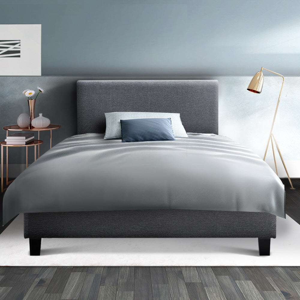 King Single Bed Frame Grey with Sturdy Wooden Base and Support Slats