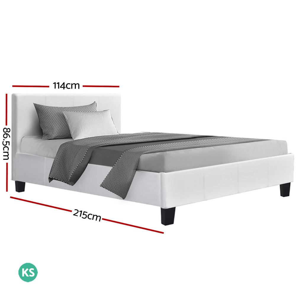 Bed Frame King Single Size PVC Leather White With Wooden Slat Base