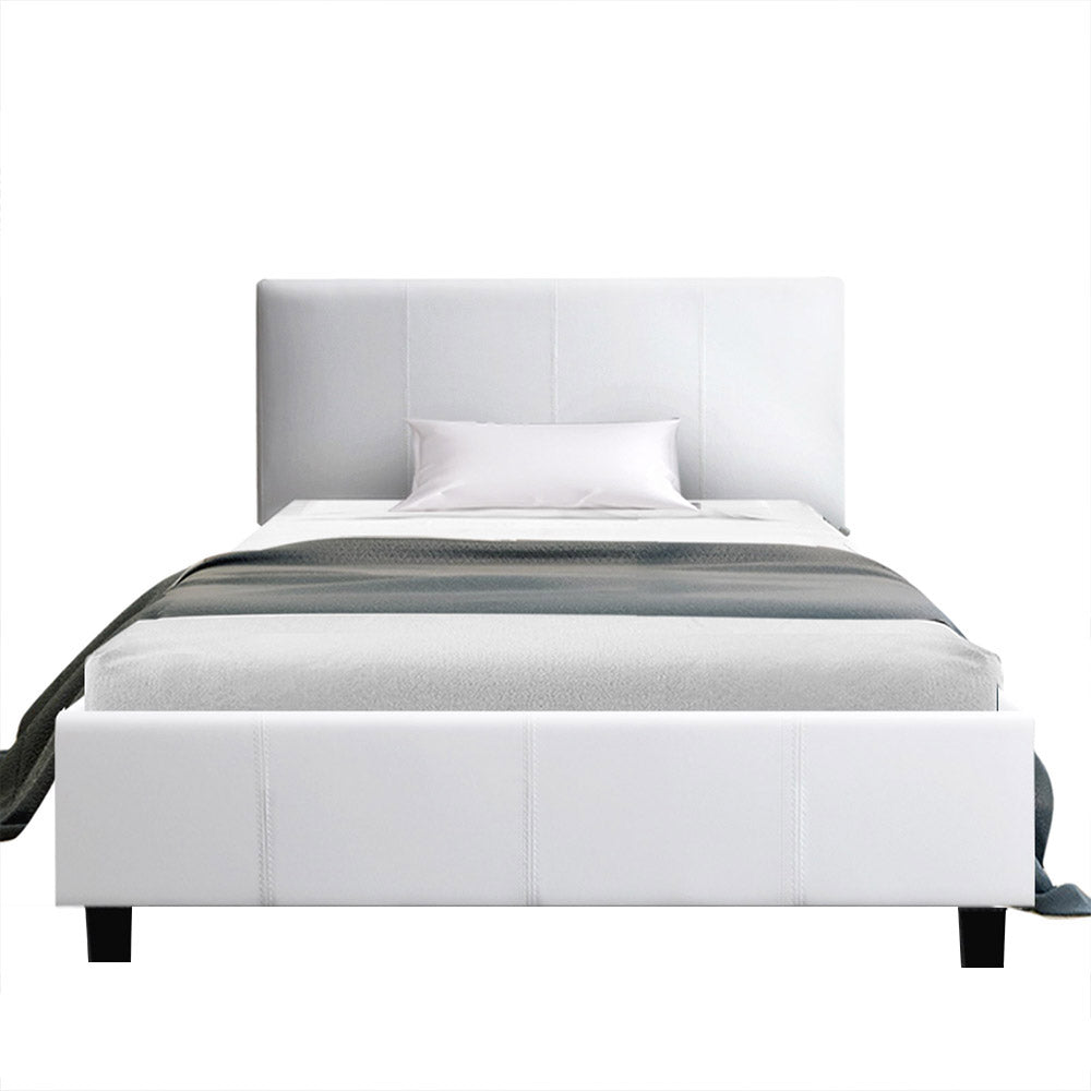 Bed Frame King Single Size PVC Leather White With Wooden Slat Base